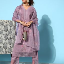 Varanga Women Mauve Floral Embroidered Thread Work Kurta With Trousers & Dupatta-picture-11