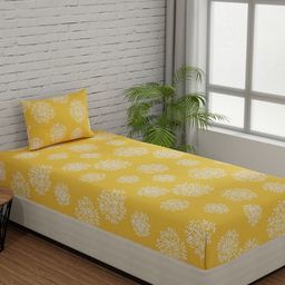 Huesland Yellow & White Floral Cotton 144 TC Single Bedsheet With 1 Pillow Cover-image-90