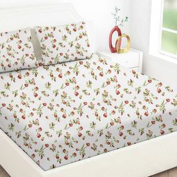 Star Weaves White & Green Floral 350 TC King Bedsheet with 2 Pillow Covers-12
