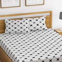 Huesland White & Black Geometric 144 TC King Bedsheet with 2 Pillow Covers-image-32