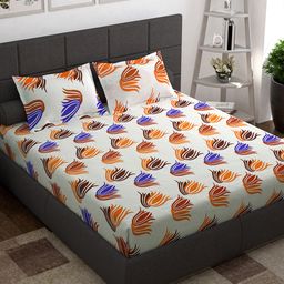 Story@home White Orange Floral 144 TC Queen Bedsheet with 2 Pillow Covers-picture-19