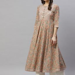 MIRAVAN Women Camel Brown & Orange Ethnic Motifs Gotta Patti Cotton Anarkali Kurta-image-10