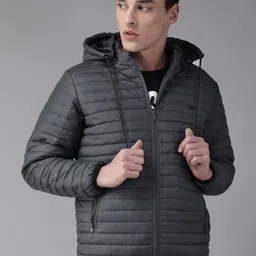 The Roadster Lifestyle Co Men Navy Blue Solid Quilted Jacket with Detachable Hood-image-84