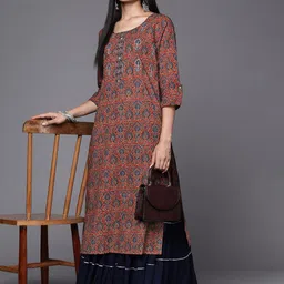 Varanga Women Rust & Blue Ethnic Motifs Printed Indie Prints Kurta-image-11