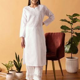 ADA Women White Chikankari Embroidered Straight Sustainable Kurta-image-90