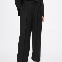 MANGO Women Navy Blue Pinstripe Pleated Woollen Sustainable Trousers-image-30