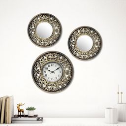 Home Centre Corsica Corvus 3 Pieces Gold Toned & White Round Wall Clock & Mirror Set-7
