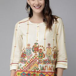 Anouk Beige & Red Antiviral Finish Ethnic Motifs Anti-Viral Pure Cotton Top-39