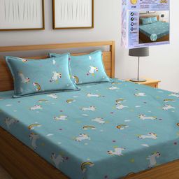 FABINALIV Blue & White Cartoon Characters 300 TC Fitted King Bedsheet Set 2.50m X 2.25m-20
