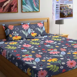 FABINALIV Blue & Red Floral 300 TC King Bedsheet Fitted King Bedsheet Set 2.50m X 2.25m-picture-15