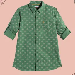 U.S. Polo Assn. Kids Boys Green Brand Logo Opaque Printed Pure Cotton Casual Shirt-image-46