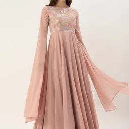 Ethnovog Floral Embroidered Sequinned Cape Sleeves Georgette Gown-image-68