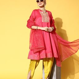 Inddus Women Pink Embroidered Kurta with Dhoti Pants & With Dupatta-picture-7