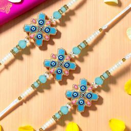 ADIVA 4-Pcs Stone-Studded & Beaded Evil Eye Rakhi With Pooja Thali & Roli Chawal Bag-image-40