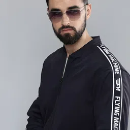 Flying Machine Men Navy Blue Solid Bomber Jacket with Print Detail-image-57