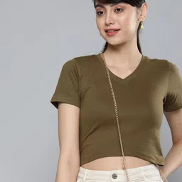 HERE&NOW Women Brown Solid Pure Cotton T-shirt-image-35