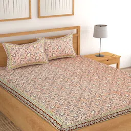 Lali Prints Peach-Coloured & White Floral 180 TC Cotton King Bedsheet with 2 Pillow Covers-picture-14
