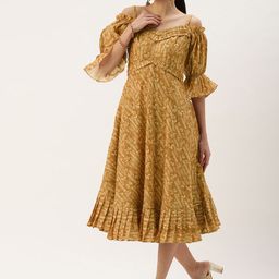 EthnoVogue Beige Floral Ethnic A-Line Midi Dress-image-65
