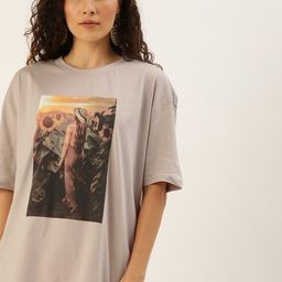 Moda Rapido Women Grey Graphic Printed Longline Cotton Pure Cotton T-shirt-image-45