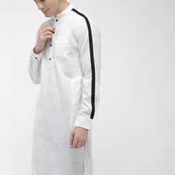 The Indian Garage Co Men White & Black Printed Straight Kurta With Stripe Detail-image-27