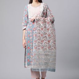 Divena Women Turquoise Blue Floral Printed Gotta Patti Pure Cotton Kurta with Trousers & With Dupatta-picture-11