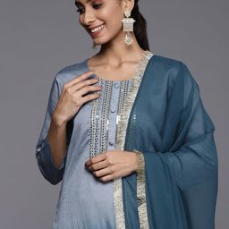 Varanga Women Grey Yoke Design Sequinned Kurta with Trousers & With Dupatta-picture-55
