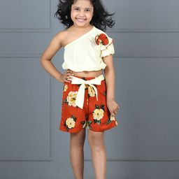 Cutiekins Girls Floral Printed One Shoulder Pure Cotton Top With Shorts-picture-14