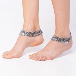 Digital Dress Room Set of 2 Oxidised German Silver Coin Design Anklets With Silver-Plating-30
