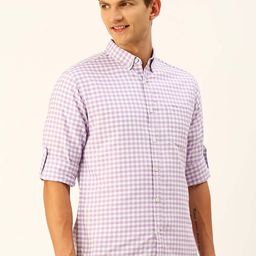 HERE&NOW Purple Classic Slim Fit Gingham Checked Casual Pure Cotton Shirt-image-15