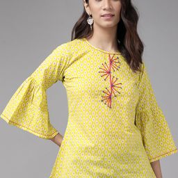 YASH GALLERY Yellow & Pink Printed Top With Embroidered Detail-23