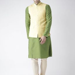 KISAH Men Olive Green & Yellow Printed Kurta with Churidar & Nehru Jacket-48