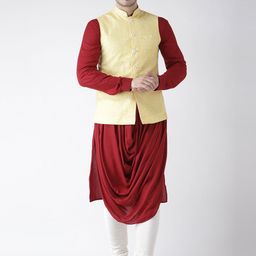 KISAH Men Maroon & Yellow Printed Kurta with Churidar & Nehru Jacket-45