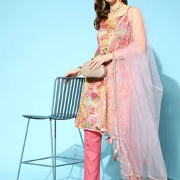 Inddus Women Floral Embroidered Thread Work Kurta with Trousers & With Dupatta-picture-22