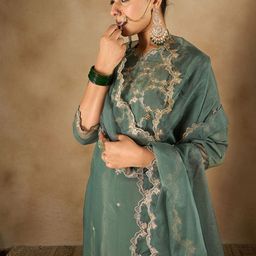 Indo Era Women Ethnic Motifs Embroidered Regular Liva Kurta with Trousers & With Dupatta-30