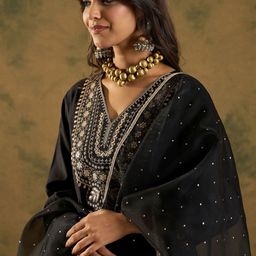 Indo Era Women Ethnic Motifs Embroidered Regular Liva Kurta with Trousers & With Dupatta-5