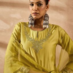 Indo Era Women Ethnic Motifs Embroidered Regular Liva Kurta with Trousers & With Dupatta-13