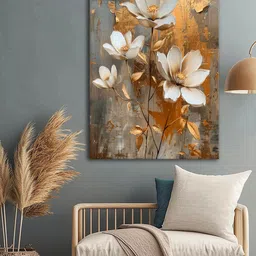 999Store Gold-Toned & White Floral and Botanical Canvas Wall Art-image-3