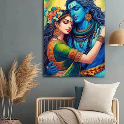 999Store Blue & Yellow Shiva and Parvati Printed Canvas Wall Art-picture-3