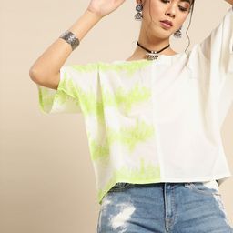 Varanga White & Lime Green Floral Printed Pure Cotton Boxy Top-picture-2