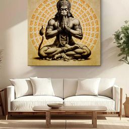 999Store Brown Canvas Religious Hanuman Meditating with Jai Shri Ram Mantra Wall Painting-image-25
