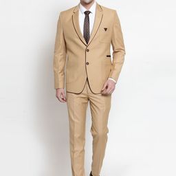 LUXURAZI Men Beige Solid Slim-Fit Single-Breasted Two-Piece Suit-image-17