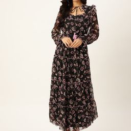 Antheaa Women Black & Lavender Floral Tie-Up Neck Maxi Dress-picture-55