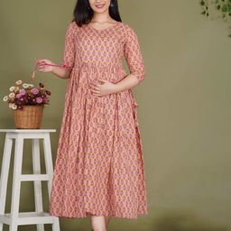 Gujari Women Floral Printed Maternity Fit & Flare Maxi Dress-image-25