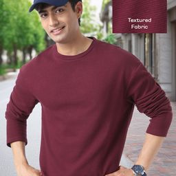Urbano Fashion Men's Plum Textured Round Neck Oversized Full Sleeve Cotton T-Shirt-image-23