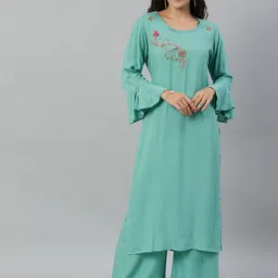 Blissta Women Turquoise Blue Solid Kurta with Palazzos With Embellished Detailing-image-9