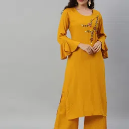 Blissta Women Mustard Yellow Solid Kurta with Palazzos With Embellished Detailing-picture-21