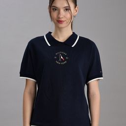 Tommy Hilfiger Europe Women Embroidered Brand Logo Polo Collar Cotton T-shirt-picture-16