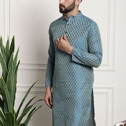 SOJANYA Ethnic Motifs Woven Design Band Collar Long Sleeves Straight Kurta-image-94