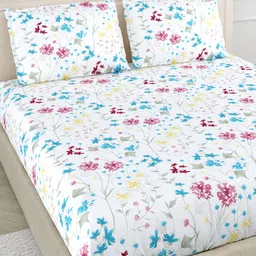 haus & kinder White & Blue Floral 186 TC Cotton King Bedsheet with 2 Pillow Covers-image-99
