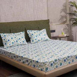 URBAN SPACE Serene Blue & White Printed Cotton 200 TC Single Bedsheet with Pillow Cover-17